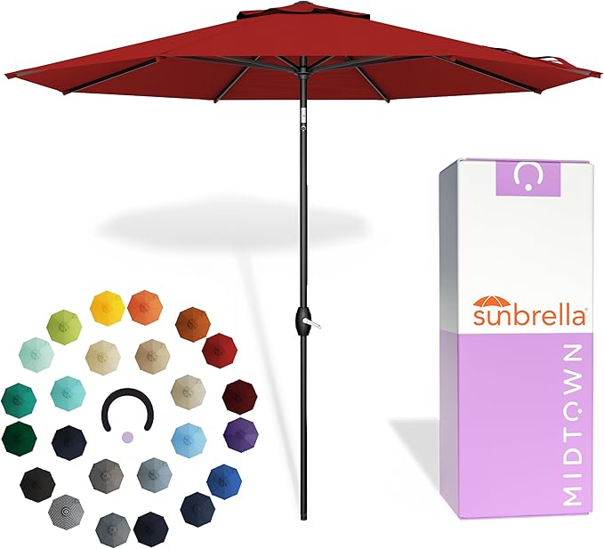 Midtown Umbrellas - The Lean 9 Ft Patio Umbrella with Fade-Resistant Sunbrella Fabric, Auto-Tilt Aluminum Frame and 8 Reinforced Ribs for Deck, Pool & Garden - Red Canopy, Black Pole