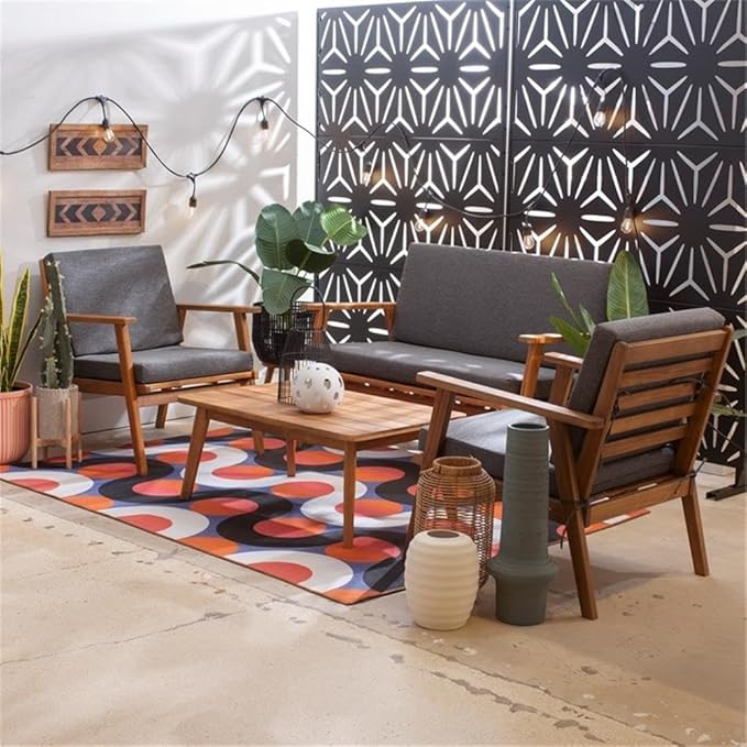 Linon Cooper Wood 4 Seater Removable Cushion Outdoor Patio Conversation Chat Sofa Set in Gray with Coffee Table