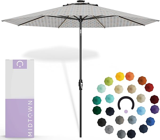 Midtown Umbrellas Led Swilt Sunbrella Umbrella, 8 Foot Patio Umbrella In Sunbrella Infused Gem Acrylic Fabric - Deck Patio Umbrella, Backyard Umbrella, Garden Umbrella & Pool Umbrella - Black Pole