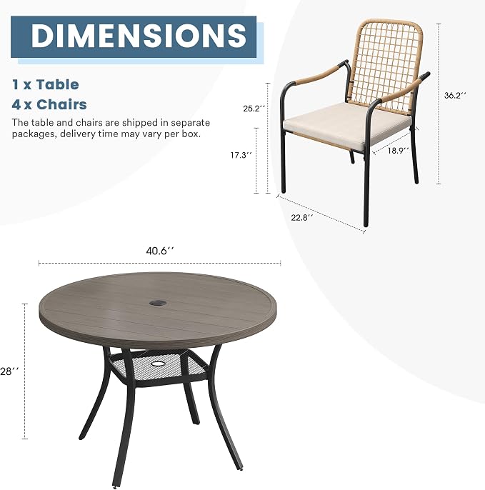 DIFY 5 Pieces Outdoor Dining Set for 4, 40.6" Round Dining Table with Umbrella Hole & Wicker Stackable Patio Chairs with Cushions, Metal Patio Table and Chairs Set for Backyard Porch, Grey Wood-Like