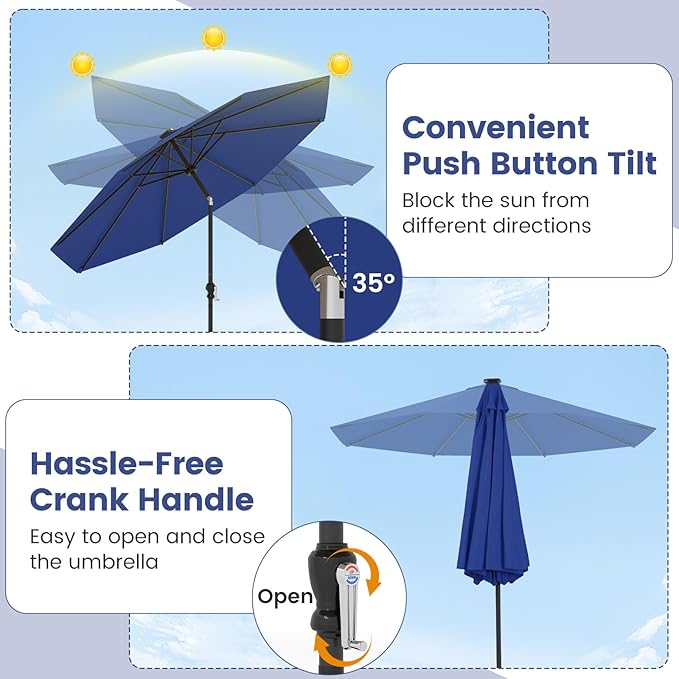 Tangkula 10 FT Solar Patio Umbrella, Outdoor Market Table Umbrella with 96 Multi-Colored Flowing LED Lights, 9 Modes, Tilt Adjustment, Crank Handle, 8 Ribs, Vented Top for Backyard Poolside Deck Lawn