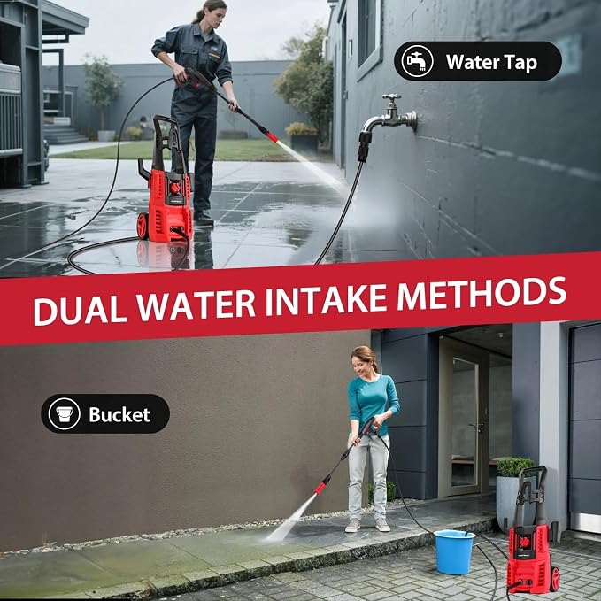 Electric Pressure Washer, 1850 PSI Max,1.0 GPM, 5" Wheels, 18M Cord/Hose Length Max, Power Washer for Patio, Car, Driveway, Fence & Home Cleaning