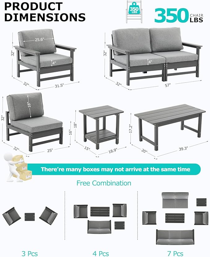 HDPE Outdoor Patio Furniture Set with Cushions, 9 Piece Patio Conversation Set Sofa Set,All Weather Outdoor Couch Set with Coffee Table for Lawn, Garden, Deck