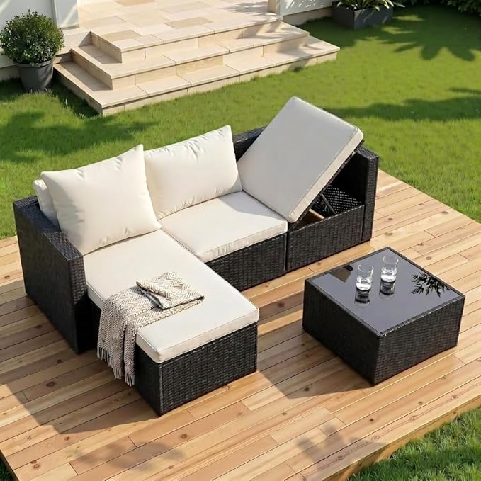 Shintenchi 4 Pieces Patio Furniture Set, 2-in-1 Convertible Sectional Sofa & Chaise Lounge, All-Weather Wicker Rattan Sofa Couch with Cushions & Coffee Table for Yard, Garden, Porch, Poolside (Beige)