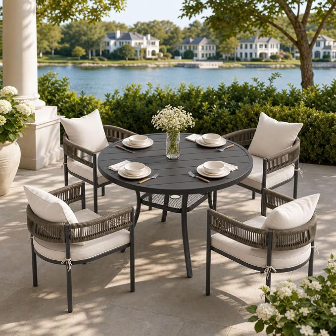 VICLLAX Patio Dining Set, 40.6" Black Table & 4 Chairs with Wheat Cushion | Outdoor Table and Chairs Set of Round Metal Patio Table, Outdoor Dining Chairs with Metal Frame, Garden Deck Porch