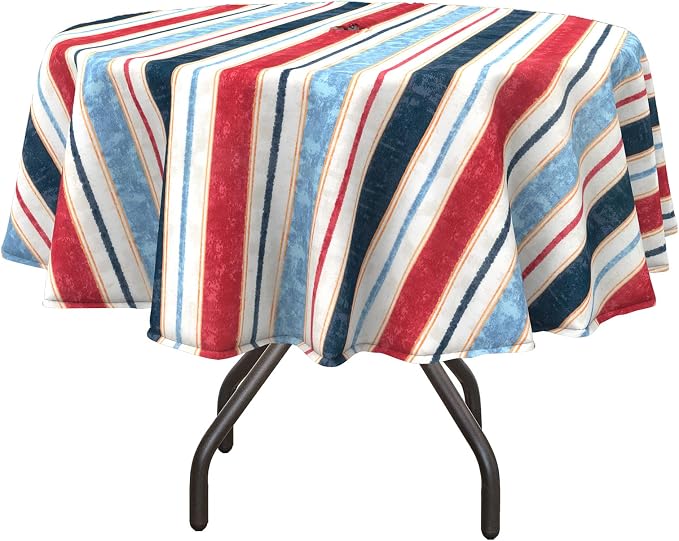 DYTXIII Outdoor Round Tablecloth with Umbrella Hole 60 Inch, Water Repellent & Fade Resistant Table Cover, All Weather Outdoor Tablecloth for Garden & Party Table, Stripe Red Blue