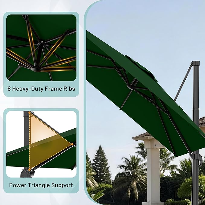 AreShark 9 × 9FT Square Cantilever Patio Umbrella with Base Included, 360° Rotation Offset Outdoor Umbrella, 5 Tilt Settings Heavy Duty Hanging Parasol for Deck Garden Pool, Dark Green