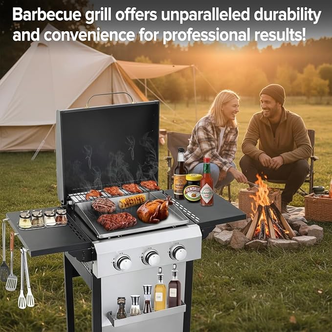 CIG GARDEN 3-Burner Propane Flat Top Grill, 31,500 BTU Stainless Steel Griddle for Outdoor BBQ - Patio, Backyard & Camping Gas Grill