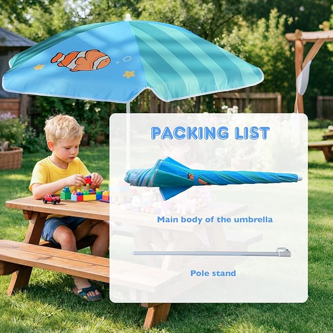 AMMSUN 5ft Seaside Umbrella for Sand Box Water Table - Kids Durable Umbrellas for children Picnic Beach Camping Garden Outdoor Play Shade Green Clownfish