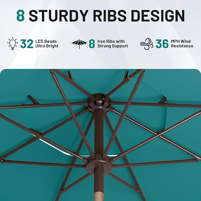 AreShark 9ft 3 Tiers Patio Umbrella with Solar Lights, Outdoor Umbrella w/ 32 LED Lights&8 Sturdy Ribs, Table Umbrella for Deck, Backyard, Pool (Lake Blue)