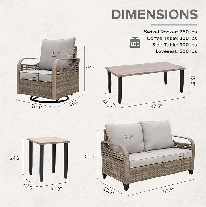 COOS BAY Modern Wicker Outdoor Furniture Set, 5 Piece Patio Conversation Set with 2 Swivel Rockers, a Loveseat, Coffee Table and Side Table, 5 Piece, Brown/Gray