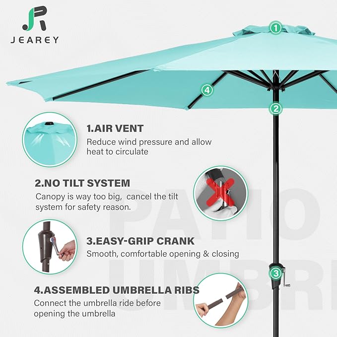 JEAREY 11' Patio Umbrellas Outdoor Table Market Umbrella w/Crank, 8 Sturdy Ribs, UV Protection Windproof for Garden, Deck, Backyard, Pool(Teal Blue)
