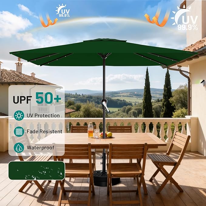 AreShark 8' X 10' Rectangular Patio Umbrella with Solar Lights, Lighted Solar Umbrella with Crank, Outdoor Table Umbrella for Garden, Deck, Backyard, Pool and Beach, Dark Green