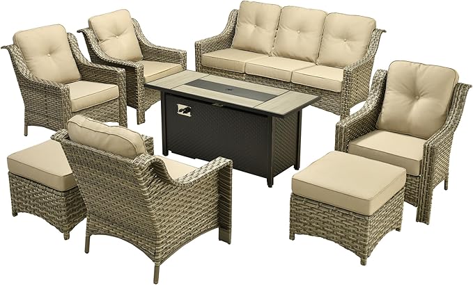 Outdoor Patio Furniture Sets, 8 PCS Patio Conversation Set Outside Rattan Sofa with 54 in Fire Pit Table Comfy Cushions Fit Backyard Porch Garden Poolside Balcony,Beige