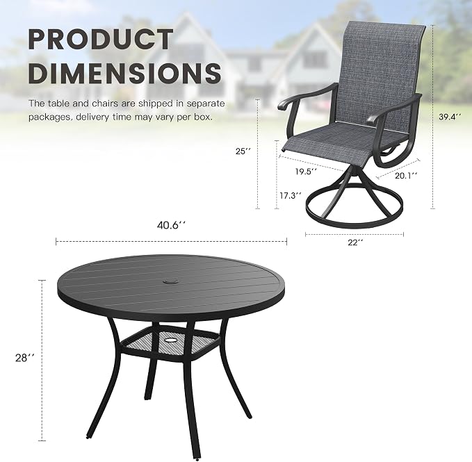Outdoor Dining Set for 4, 40.6" Metal Round Outdoor Dining Table with Umbrella Hole and Sling Patio Swivel Chairs, 5 Pieces Patio Table and Chairs Set for Garden Backyard, Charcoal and Black