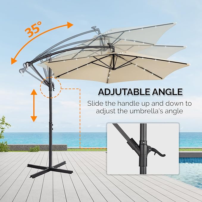 VINGLI 10 ft Cantilever Patio Umbrella, Offset Cantilever Outdoor Umbrella with Solar Lights, Easy Crank & Tilt Adjustment for Backyard, Poolside, Deck