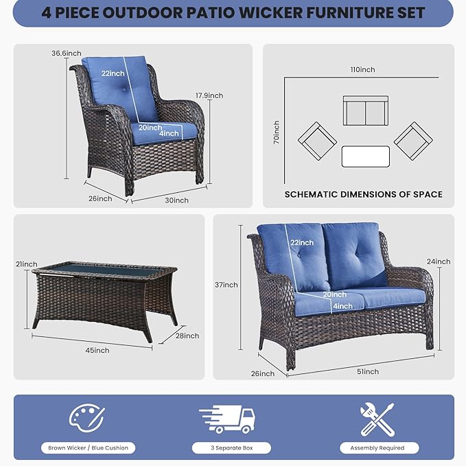 Belord Wicker Furniture 4 Pieces Outdoor Patio Furniture Set Patio Loveseat Sofa Set with Wicker Chairs and Coffee Table, Paito Conversation Set for Porch Garden Deck Balcony Poolside
