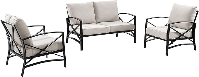 Crosley Furniture Kaplan 3-Piece Outdoor Loveseat Patio Furniture Set, Conversation Sets for Porch, Deck, Oiled Bronze with Oatmeal Cushions