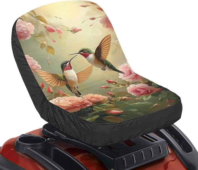 Lawn Mower Seat Cover with Pockets, Hummingbird Pink Floral Non-Slip Tractors Seat Cushion Tractor Decor Tractor Accessories for Men Women