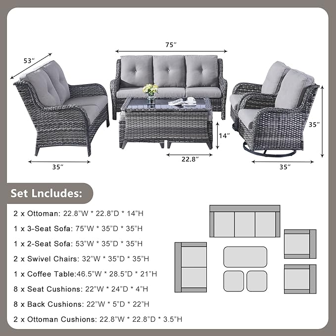 Rilyson Wicker Patio Furniture Set - 7 PC Rattan Outdoor Sectional Conversation Sets with 2 Rocking Swivel Chairs,2 Ottomans,1 Sofa,1 Loveseat and 1 Coffee Table for Porch Deck(Mixed Grey/Grey)