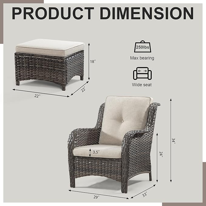 Wicker Chair Set 6 Pieces - Outdoor Wicker Patio Furniture Set with 4 Armchairs and 2 Ottomans, Olefin Cushions Included(Mixed Grey/Beige)