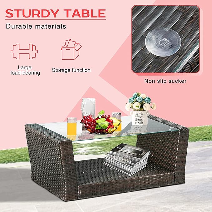 PayLessHere 4 Pieces Patio Conversation Set, Outdoor PE Rattan Wicker Sofa Furniture Set with Soft Cushions and Glass Coffee Table for Backyard Lawn Garden Balcony Porch Poolside,Red
