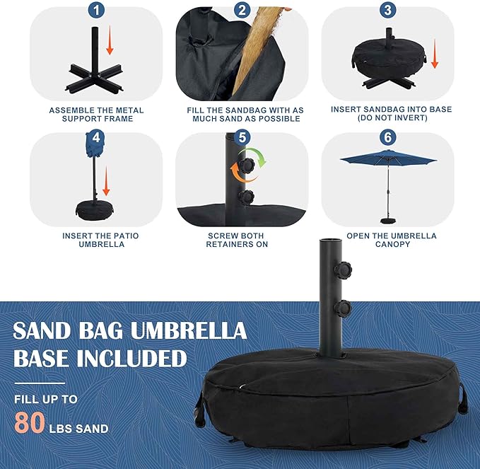 Sundale Outdoor Solar 80 LED 9 ft Patio Umbrella with Sand Bag Umbrella Base, Outdoor Umbrella with Tilt and Crank, Navy