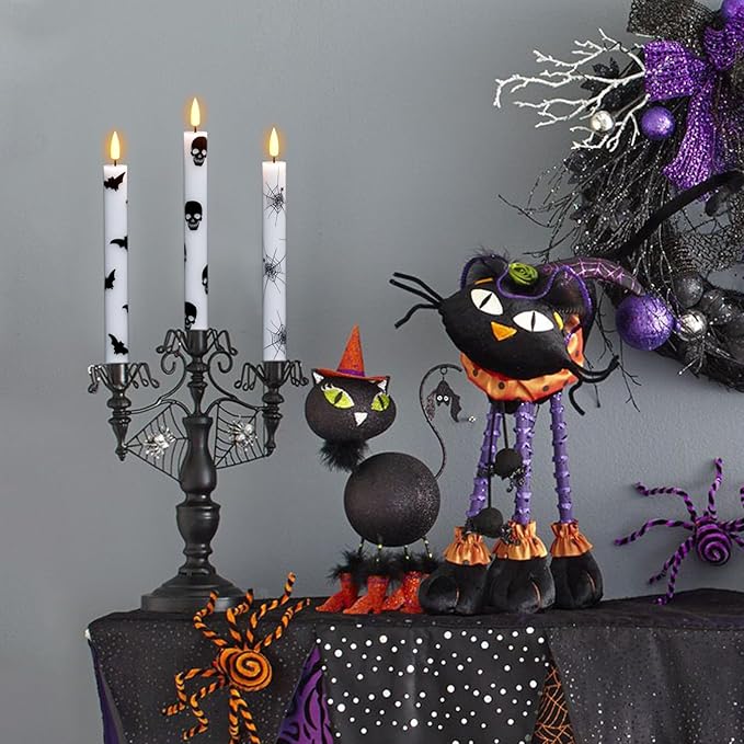 Eldnacele Flameless Taper Candles Flickering with Remote and Timer, Battery Operated LED Taper Candles Skull Bats Spider Decals Real Wax Halloween Indoor Decoration(6 Pack, 0.78 x 9.64 Inches)