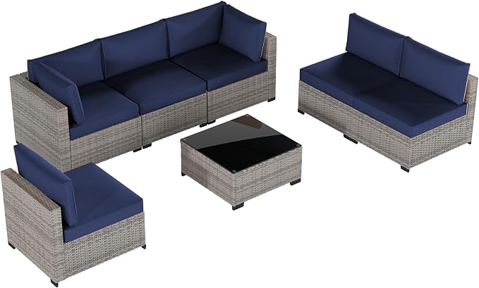 Patio Furniture Set 7 Pieces Conversation Set Wicker Outdoor Sectional Sofa,Ergonomic Armrests Couch with Cushion and Glass Table (Grey White-Navy, 7 Piece-Single)