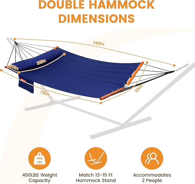 Lazy Daze Hammocks 12FT Quilted Double Hammock with V-Spreader Bar, 2 Person Portable Hammock with Nylon Rope, Side Pocket and Pillow, 450lbs Capacity, Includes Carry Bag for Outside, Navy Blue