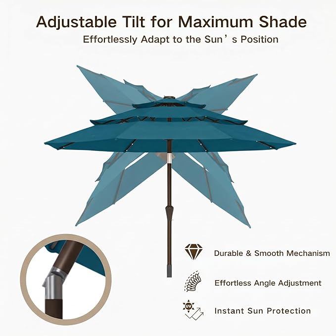 Kingdura 10ft 3-Tier Patio Umbrella with Solar Lights, Table Umbrella Outdoor Patio with Easy Crank & Tilt, 8 Sturdy Ribs, UV Protection, 32 LED Lights for Deck, Poolside, Market (Lake blue)