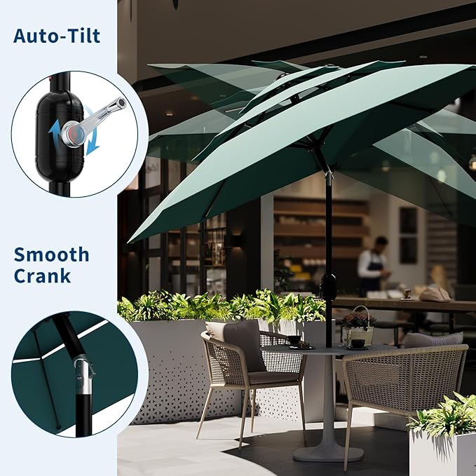 Garvee 10Ft 3-Tier Patio Umbrella, Outdoor Table Umbrella with Vents, Easy Crank and Push Button Tilt, Market Umbrella with 8 Sturdy Ribs for Pool, Deck, Yard, Garden -Turquoise