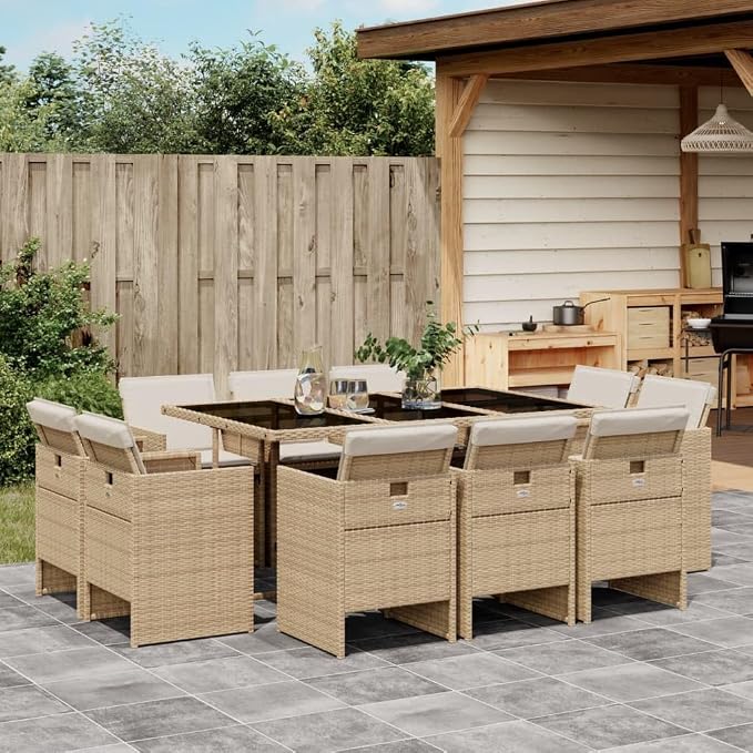 11-Piece Patio Dining Set with Beige Poly Rattan & Tempered Glass Table Outdoor Furniture Set for Backyard Garden Balcony Porch