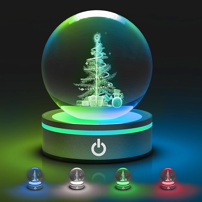 L LOHAS LED 3D Crystal Ball Night Light-Laser Engraved Christmas Tree with Silver Base, RGB 4-Color Changing Touch Control Night Light,USB Plug-in & Battery Powered,as a Gift for Girls & Wife