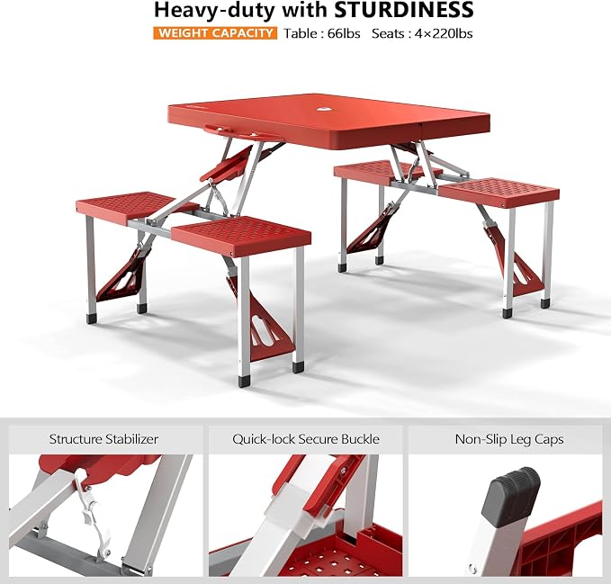 VINGLI 4 Ft Portable Folding Picnic Table Camping Table Foldable Set with 4 Seats with Umbrella Hole Suitcase Card Table-220 Lbs Support Aluminum Frame, Plastic RV Tabletop for Yard, Travel