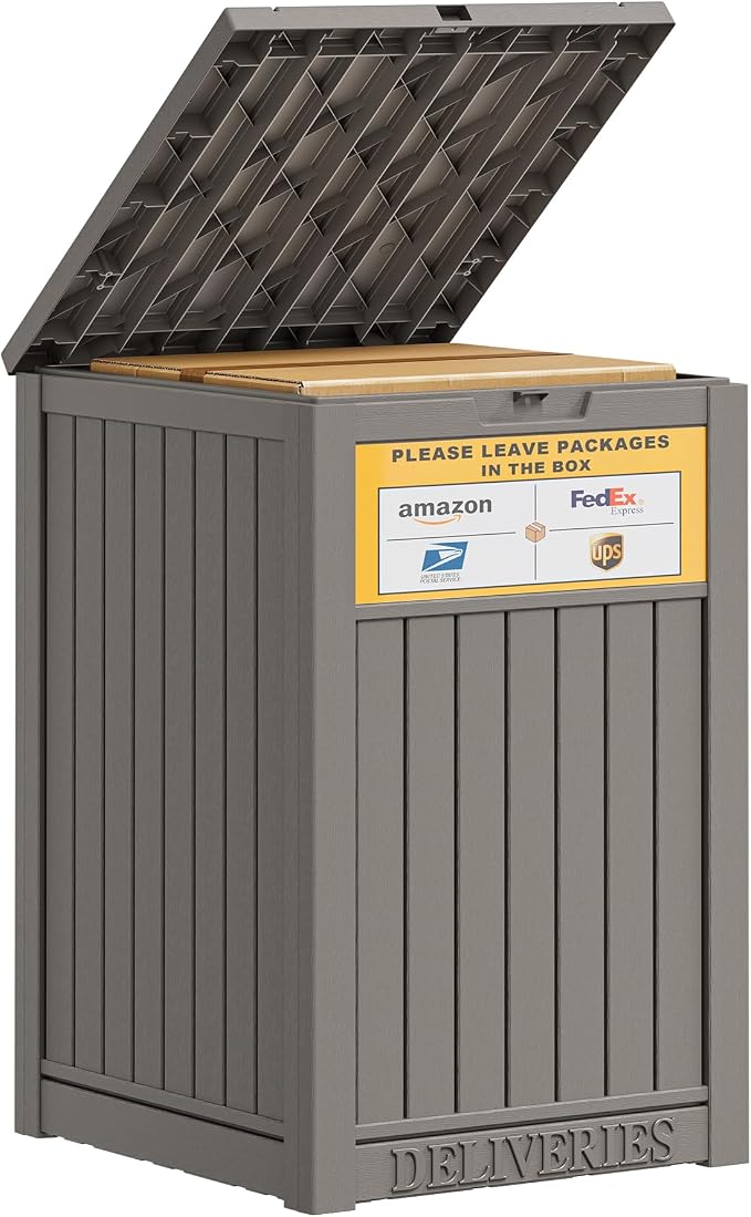 Package Delivery Box for Outside With Sign, Lockable Outdoor Storage Box Waterproof Deck Box, Large Double Wall Resin Parcel Drop Boxes, 48 Gallon, Classic Gray