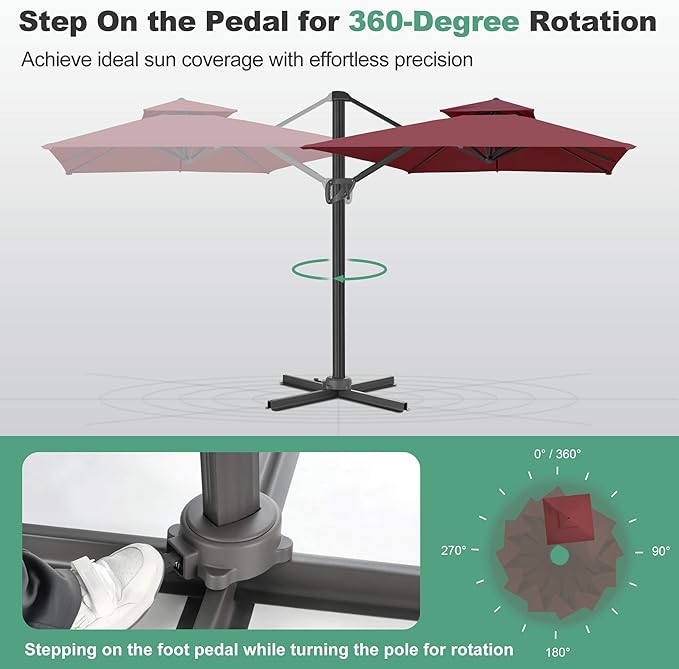 FLAME&SHADE 8.2 X 8.2 FT Square Cantilever Patio Umbrella - Large Offset Umbrella Outdoor Patio with 360-Degree Rotation and 3-Year Fade Resistance Fabric for Deck Pool Backyard Garden, Burgundy