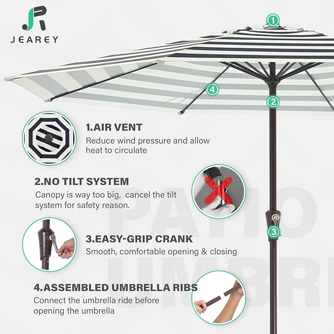 JEAREY 11' Patio Umbrellas Outdoor Table Market Umbrella w/Crank, 8 Sturdy Ribs, UV Protection Windproof for Garden, Deck, Backyard, Pool(Beige & Black Striped)