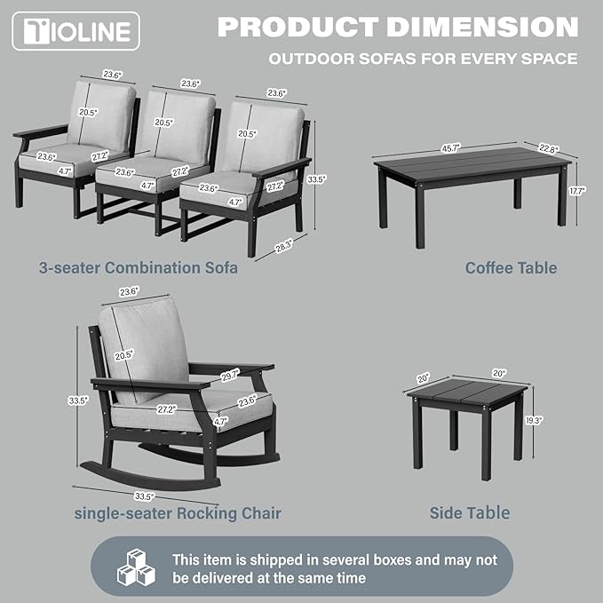 HDPE Patio Conversation Set, 7-Piece All Weather Outdoor Furniture Set with 2 Single Rocking Armchairs for Deck, Lawn, with Cushion, Black