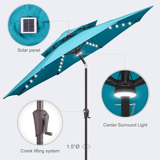 9FT Solar Umbrella Outdoor - 2 Tiers Lighted Solar Patio Umbrella with 40 LED Lights Waterproof UV Protection, Table Umbrella with Tilt for Pool, Porch, Garden, Backyard (Aqua Blue)