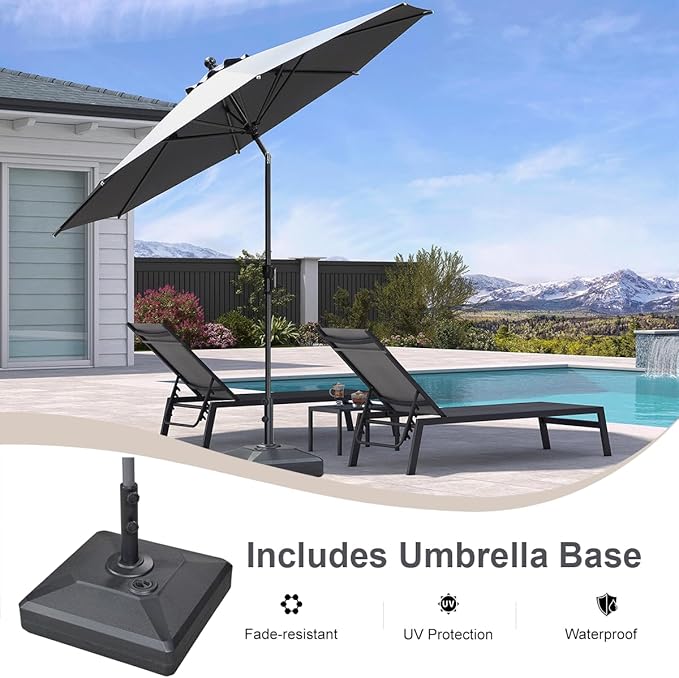 PURPLE LEAF 10' Round Patio Market Umbrella with Base Outdoor Table Umbrellas Aluminum Frame Sun Shade with 8 Sturdy Ribs Tilt for Garden Deck Lawn Pool Light Gray