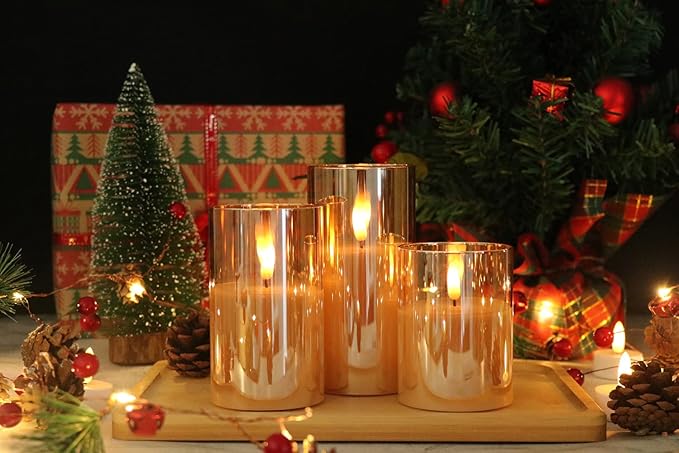 GenSwin Flameless Led Candles Flickering Battery Operated with Remote, Real Wax 3D Wick Moving Pillar Candles with Timer Remote Glass Effect for Festival Wedding Christmas Home Decor(Gold)