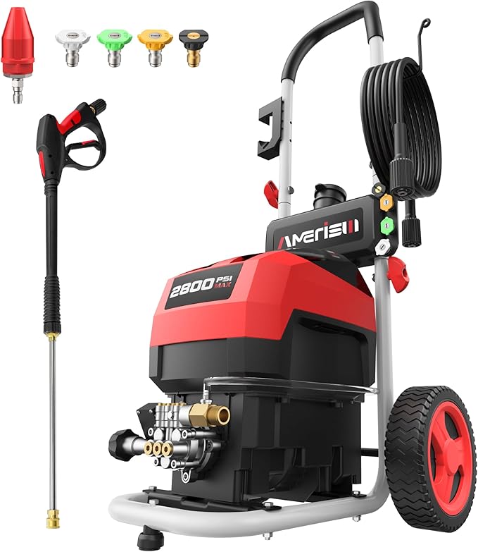 Pressure Washer, 2800PSI 2.0 GPM Max Electric Power Washer with Foam Cannon and 5 Nozzle Set, Portable Pressure Washer with 8" Wheels for Cars, Fences, Patios, Decks, Patios and Driveway Powerwasher