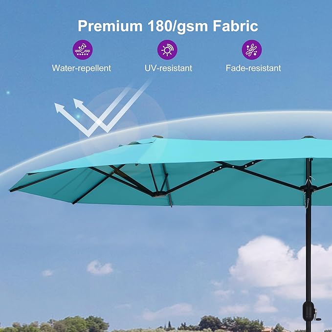 PURPLE LEAF 14ft Patio Market Umbrella with Base Double-Sided Rectangle Outdoor Table Sun Umbrellas with Crank 12 Heavy Duty Sturdy Ribs for Pool Beach Deck Backyard Turquoise Blue