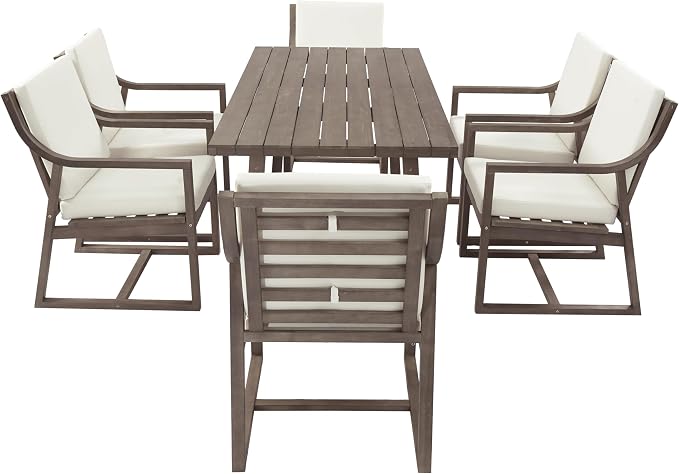 Merax 7-Piece Patio Dining Set, Acacia Wood Rectangular Dining Table and Chairs Set with Cushions, Outdoor Furniture Set for Backyard, Garden, Poolside,Brown