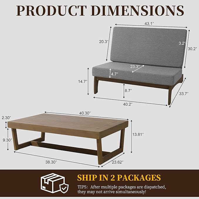 UIXE Wood Patio Furniture Sets, 2 Pieces All Weather Patio Loveseat Outdoor Sofa with Solid Wooden Coffee Table - Light Gray