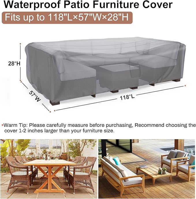 Mrrihand Heavy Duty Patio Furniture Covers, Outdoor Furniture Covers Waterproof Sectional Sofa Set , Patio Table and Chair Set Cover 118"L×57"W×28"H,Grey