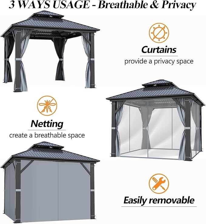 GARTOO 10'x10' Outdoor Hardtop Gazebo with Double Roof - Heavy-Duty Steel Top Aluminum Frame Gazebo with Breathable Netting & Privacy Curtain for Patio, Porch, Garden, Lawn, Deck, Backyard