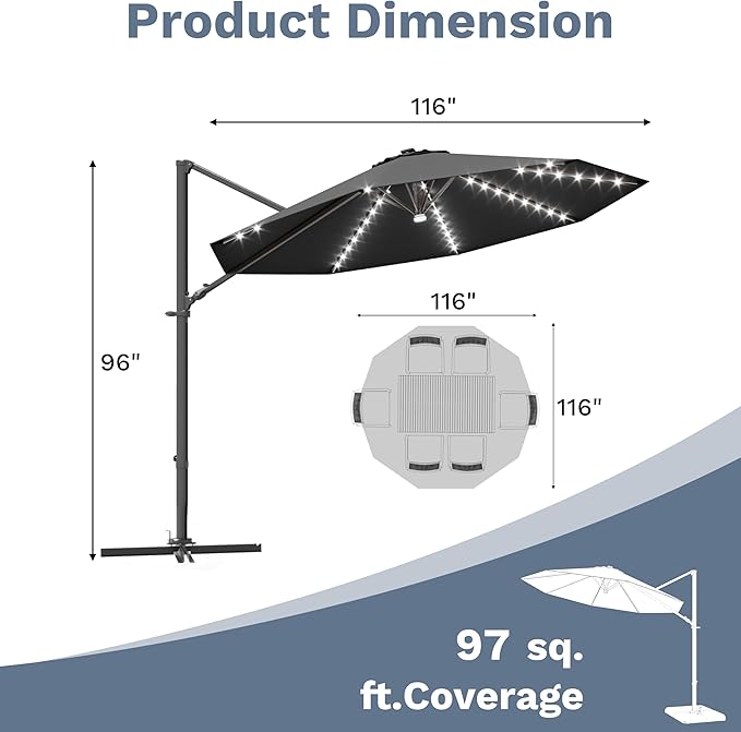 Devoko 10ft Solar LED Patio Umbrella, Round Cantilever Outdoor Umbrella with Solar Lights and 360-Degree Rotation, Large Hanging Offset Market Umbrella with Easy Tilt for Patio Deck Garden,Black