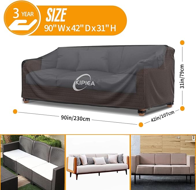 Kipiea Patio Sofa Cover, Heavy Duty Outdoor Couch Covers Waterproof Winter, 3-Seat Patio Furniture Cover Loveseat, Outdoor Sofa Covers with Anti UV and No Tears, No Fading (90"W x 42"D x 31"H)